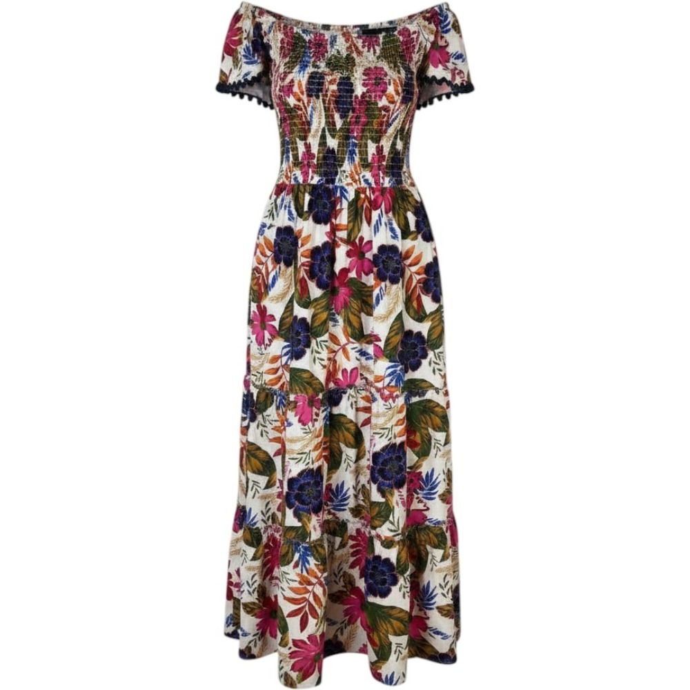 MSK Floral Smocked Maxi Dress Medium Boho Tropical Off Shoulder Tiered Summer